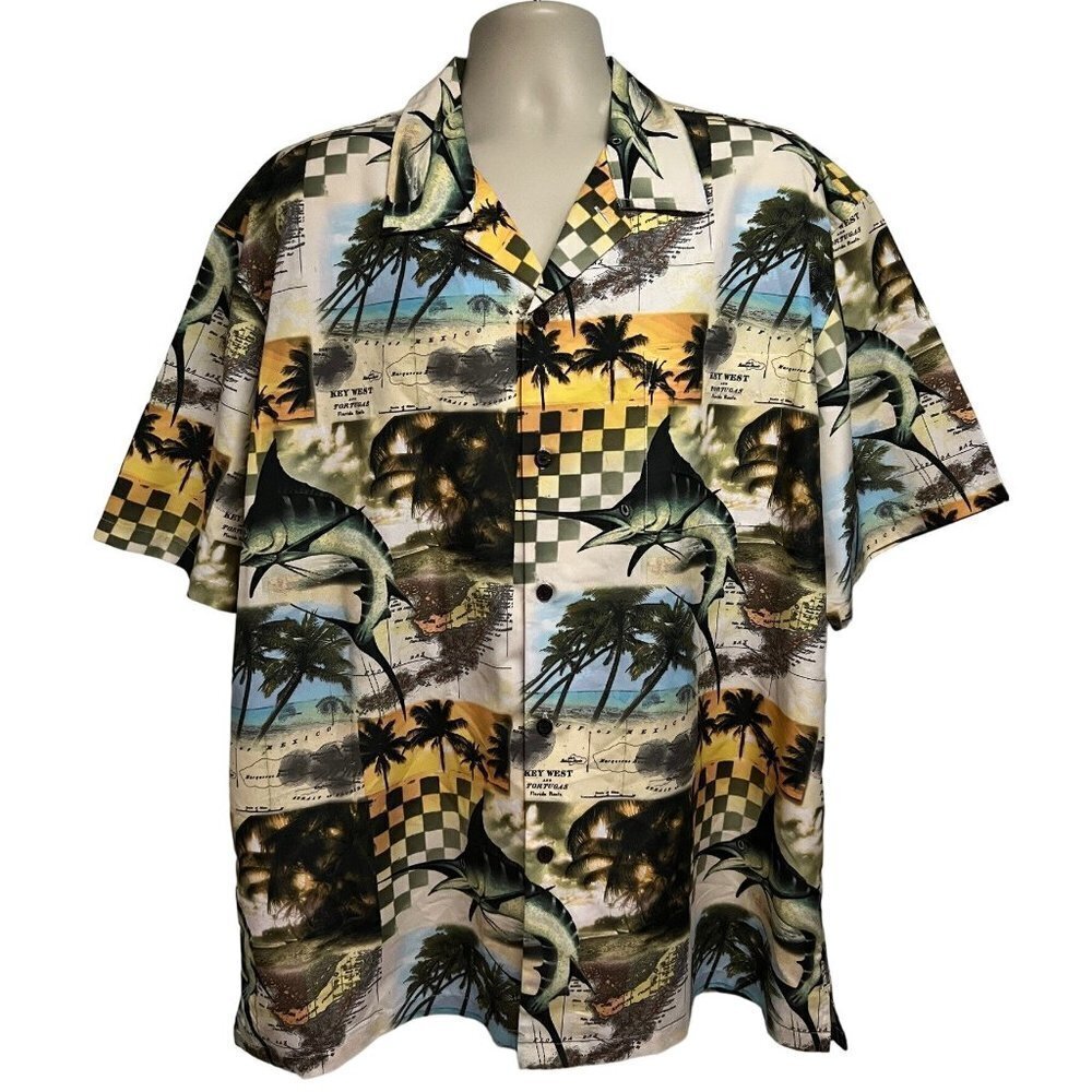 Outdoor Life Mens Hawaiian Aloha Button Front Shirt 2XL Pocket Nautical Fishing